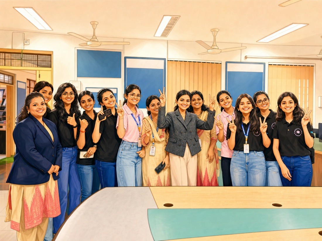 Group photo with a team of students making peace signs in a classroom