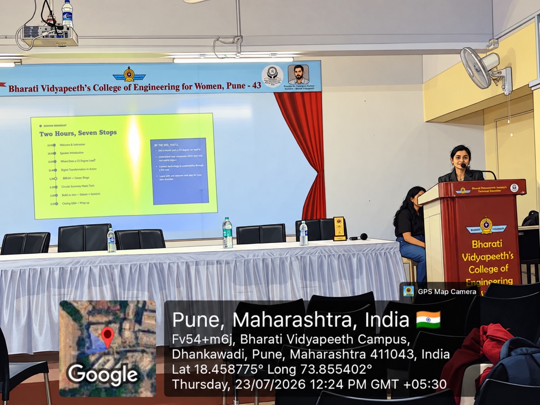Speaking at a podium during a keynote session titled Two Hours, Seven Stops at Bharati Vidyapeeth's College of Engineering for Women, Pune