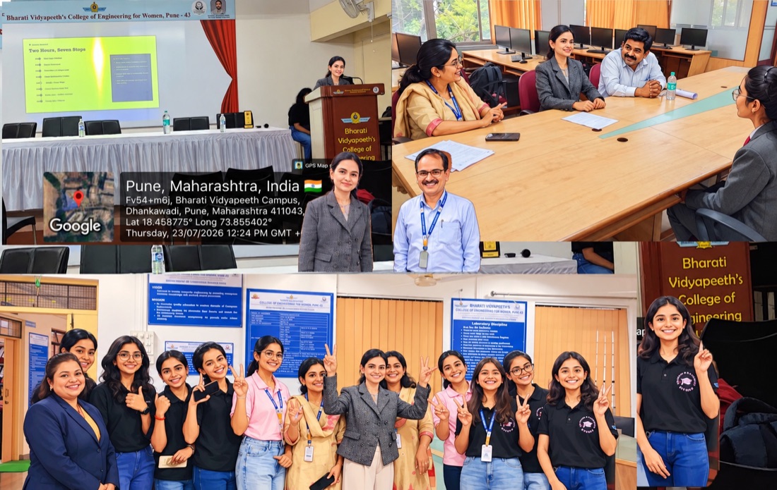 Collage of moments from a campus visit, including a keynote talk, a panel discussion, and group photos with students
