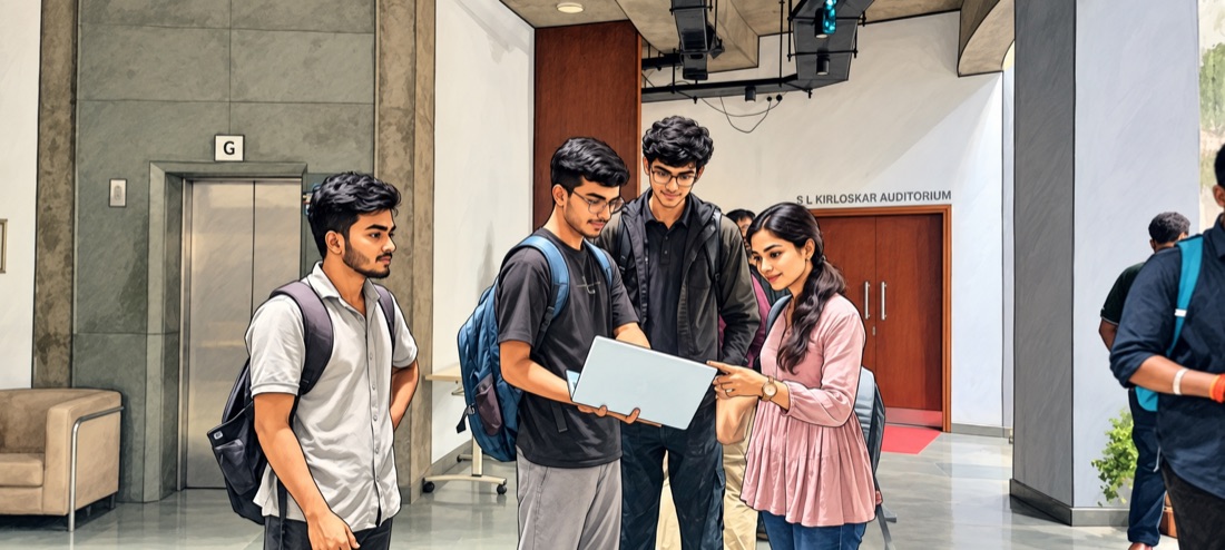 Students showing a laptop screen near the S L Kirloskar Auditorium