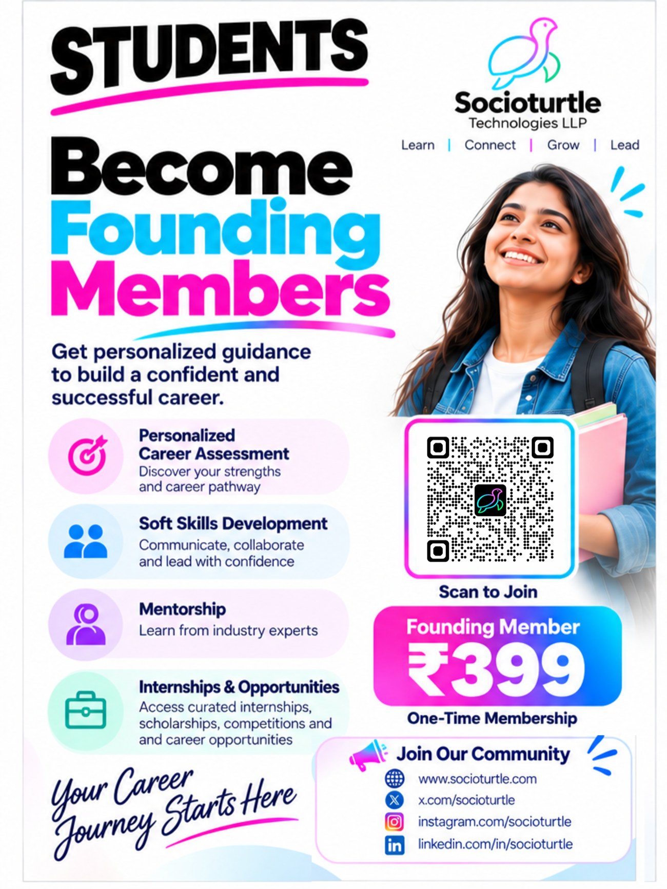 SocioTurtle student flyer: Become Founding Members, personalized career assessment, soft skills development, mentorship, and internships for ₹399 one-time membership