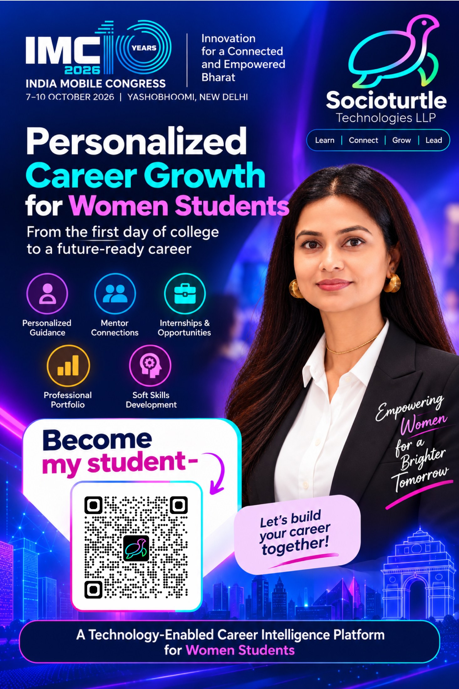 India Mobile Congress 2026 poster: Personalized Career Growth for Women Students, featuring SocioTurtle founder Poonam Pal, 7-10 October 2026, Yashobhoomi New Delhi