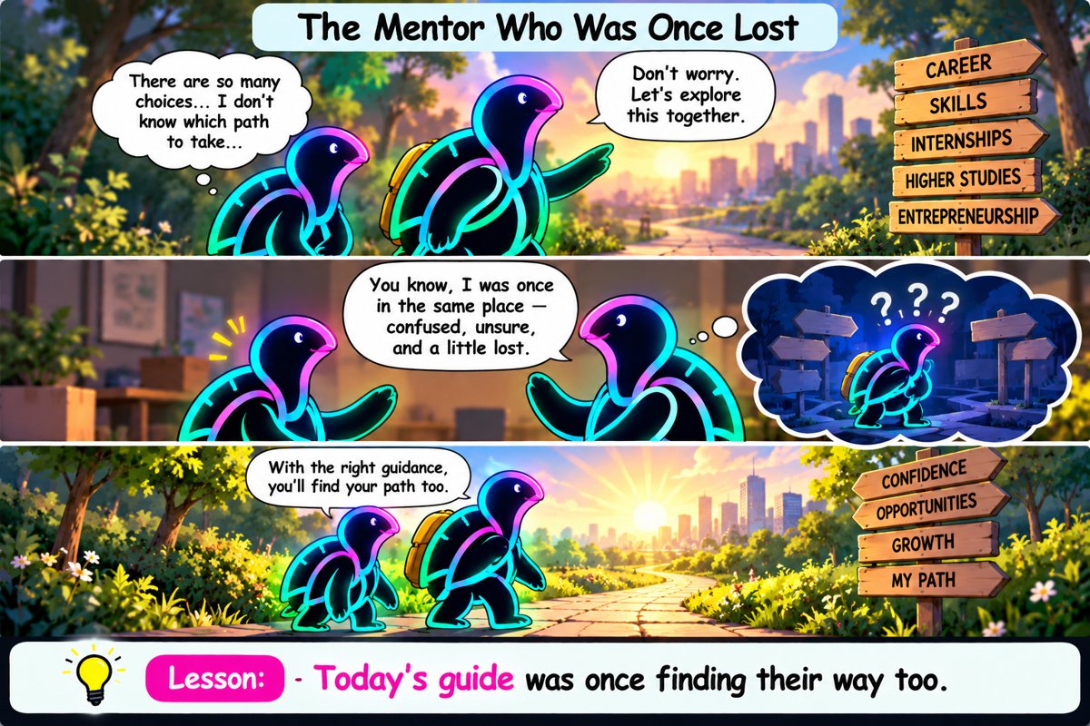 Comic strip 'The Mentor Who Was Once Lost': a junior turtle feels overwhelmed by choices like career, skills, internships, and higher studies. A senior turtle offers to explore it together, admitting she was once just as lost, and they walk forward together. Lesson: today's guide was once finding their way too.